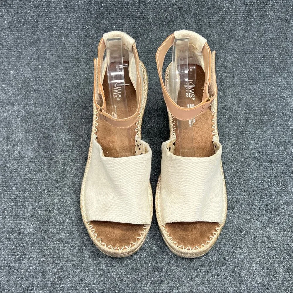 Toms Marisol Wedge Sandals Women's 9 Cream Canvas Espadrille Ankle Strap‎ Shoes